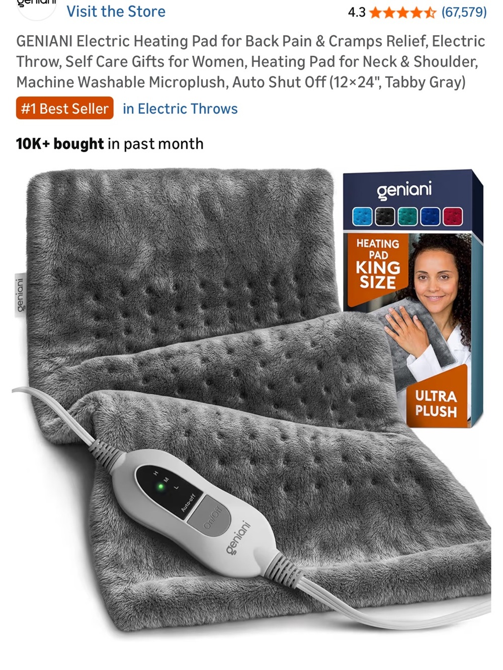 GENIANI Ultra Plush Electric Heating Pad - Gray